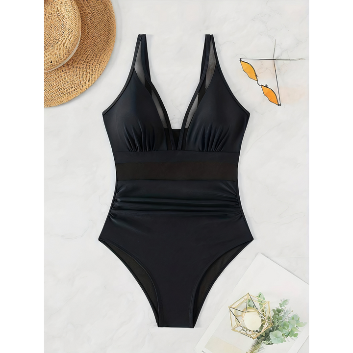 Olivia - Elegant Women's Swimsuit with Deep V Neck and Sheer Waist Panel Detail