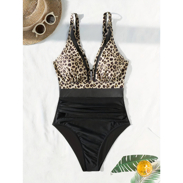 Olivia - Elegant Women's Swimsuit with Deep V Neck and Sheer Waist Panel Detail