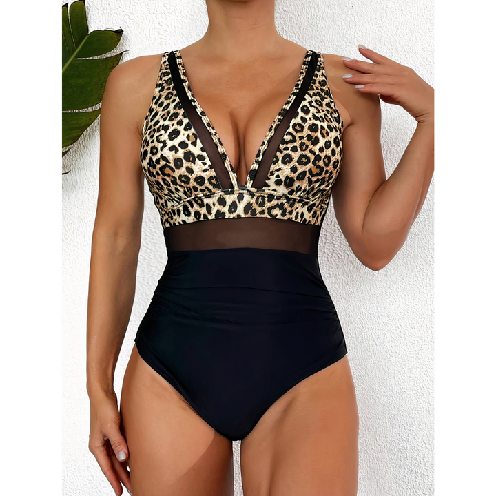 Olivia - Elegant Women's Swimsuit with Deep V Neck and Sheer Waist Panel Detail