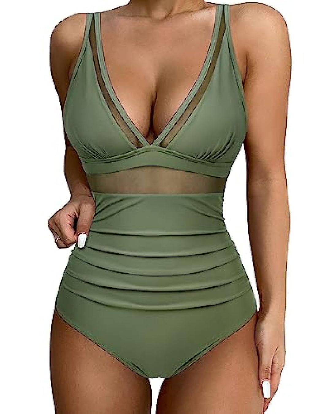 Olivia - Elegant Women's Swimsuit with Deep V Neck and Sheer Waist Panel Detail