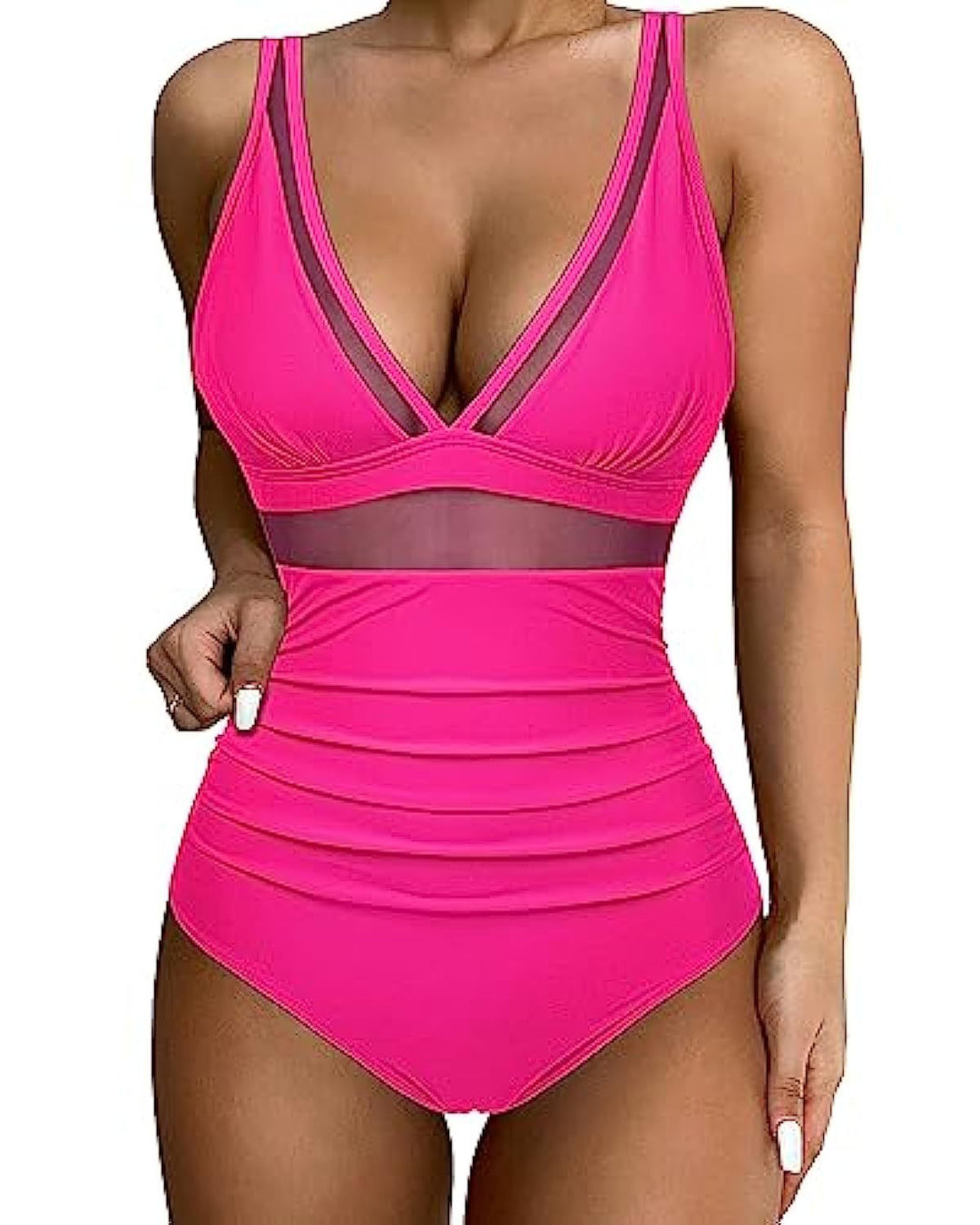 Olivia - Elegant Women's Swimsuit with Deep V Neck and Sheer Waist Panel Detail
