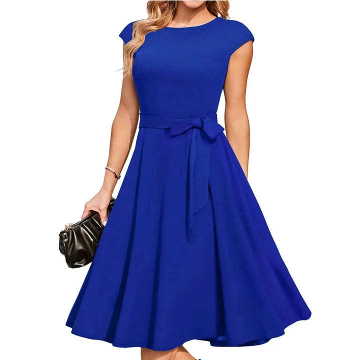 Olivia - Elegant Women's Wedding Guest Dress with Cap Sleeves and Tie Waist Belt