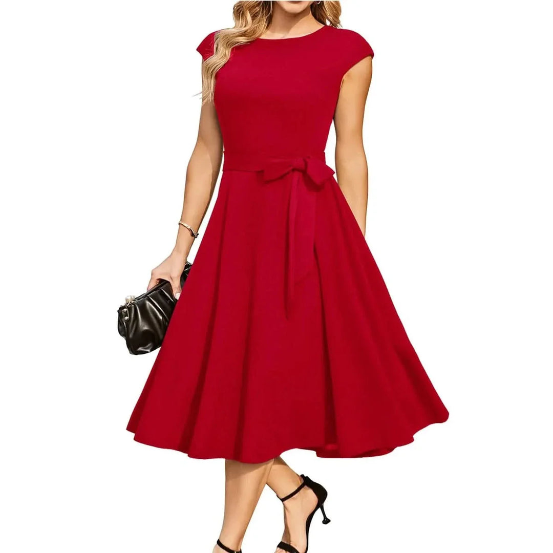 Olivia - Elegant Women's Wedding Guest Dress with Cap Sleeves and Tie Waist Belt