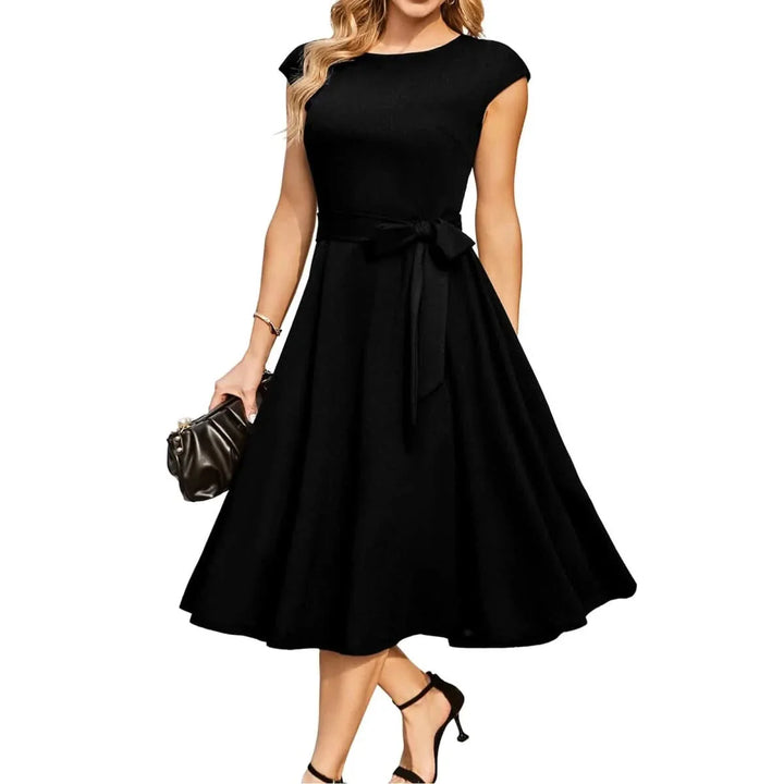 Olivia - Elegant Women's Wedding Guest Dress with Cap Sleeves and Tie Waist Belt