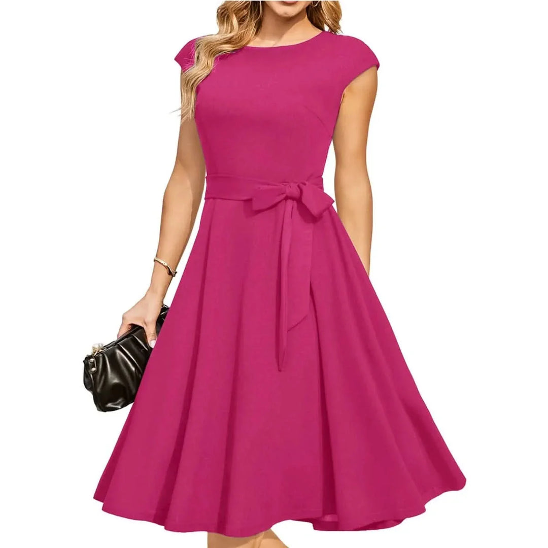 Olivia - Elegant Women's Wedding Guest Dress with Cap Sleeves and Tie Waist Belt