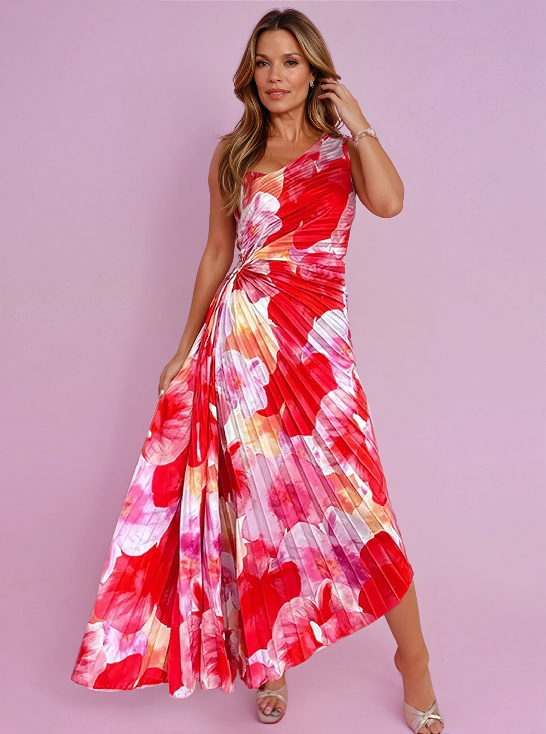 Olivia - Flowy Women's Summer Maxi Dress with One Shoulder and Pleated Twist Waist