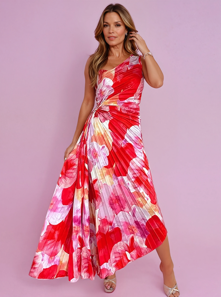 Olivia - Flowy Women's Summer Maxi Dress with One Shoulder and Pleated Twist Waist