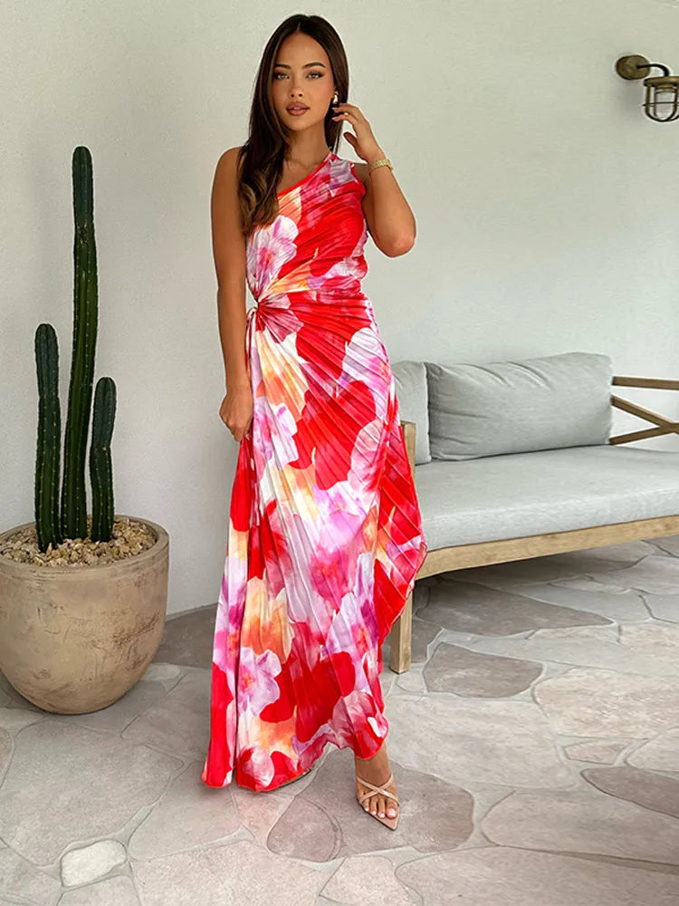 Olivia - Flowy Women's Summer Maxi Dress with One Shoulder and Pleated Twist Waist