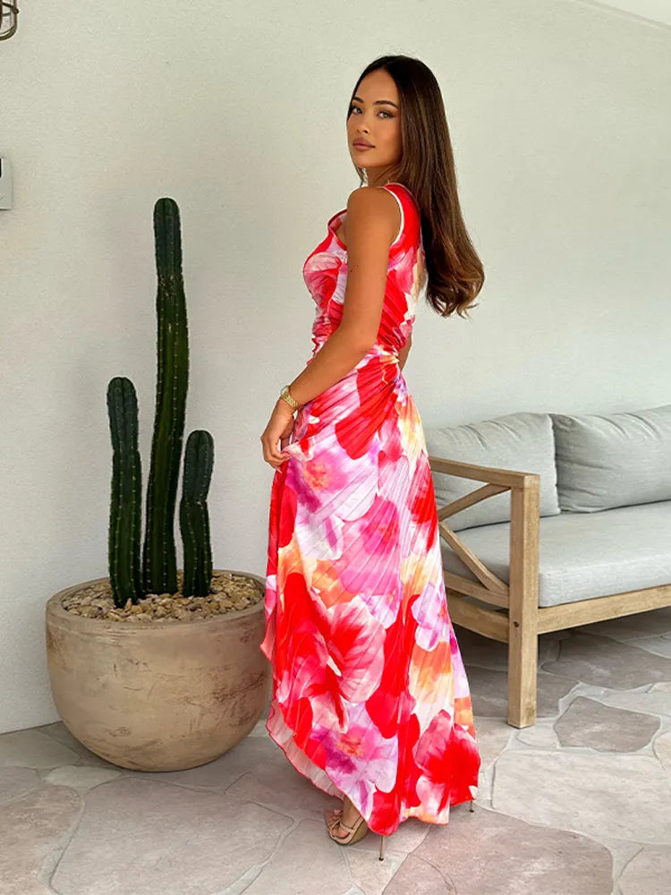 Olivia - Flowy Women's Summer Maxi Dress with One Shoulder and Pleated Twist Waist