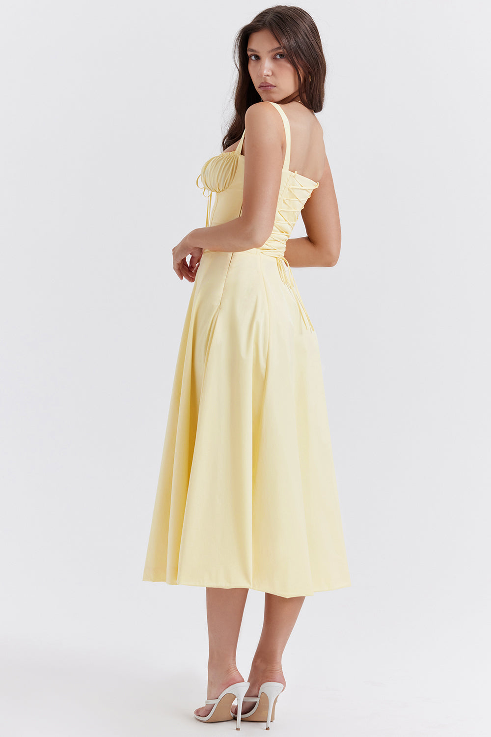 Olivia - Flowy Women's Wedding Guest Midi Dress with Sweetheart Bust and Lace-Up Back