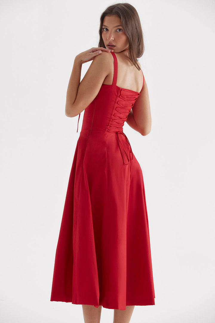 Olivia - Flowy Women's Wedding Guest Midi Dress with Sweetheart Bust and Lace-Up Back