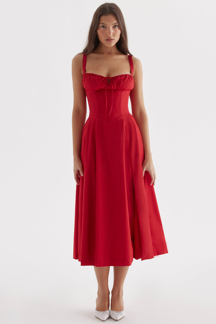 Olivia - Flowy Women's Wedding Guest Midi Dress with Sweetheart Bust and Lace-Up Back