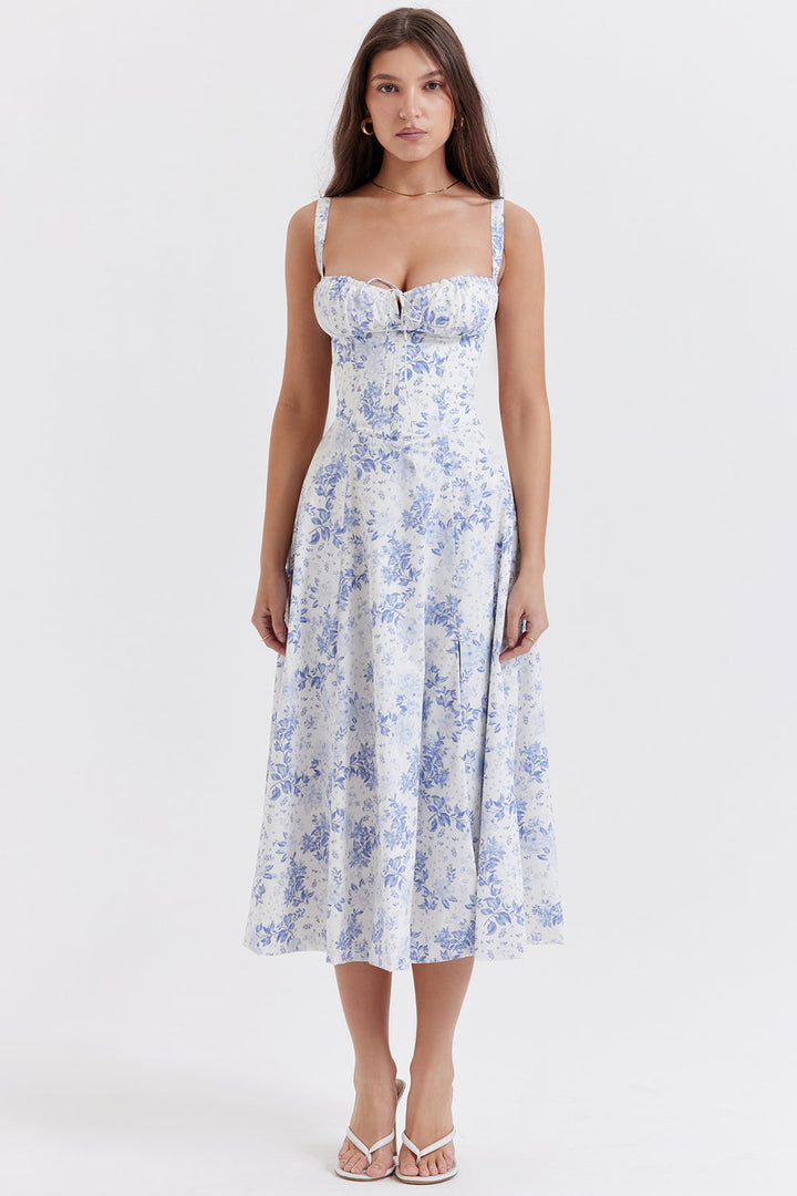 Olivia - Flowy Women's Wedding Guest Midi Dress with Sweetheart Bust and Lace-Up Back