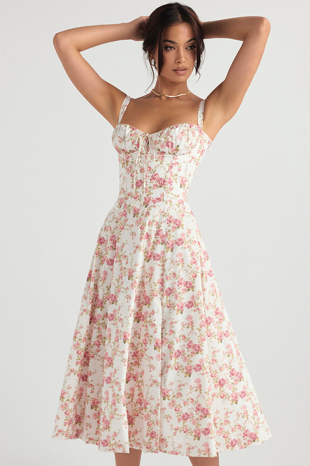 Olivia - Flowy Women's Wedding Guest Midi Dress with Sweetheart Bust and Lace-Up Back