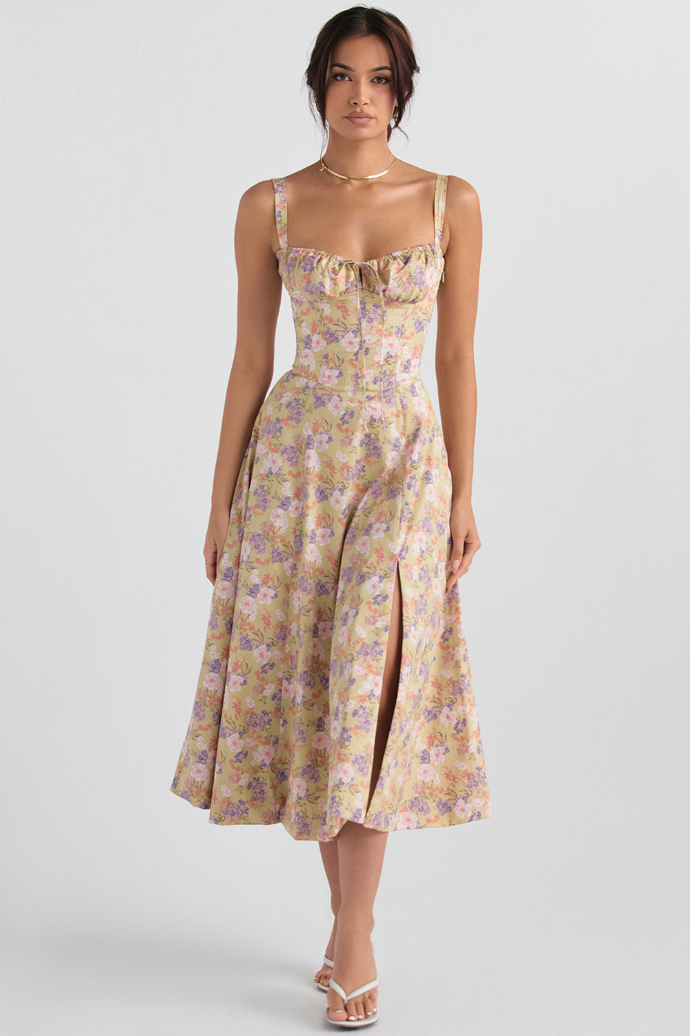 Olivia - Flowy Women's Wedding Guest Midi Dress with Sweetheart Bust and Lace-Up Back