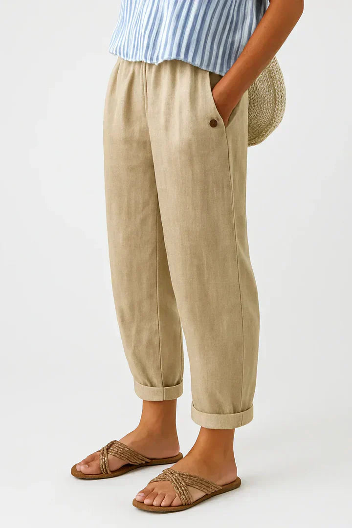 Olivia - Relaxed Women's Linen Trousers with Cuffed Hem and Tapered Leg