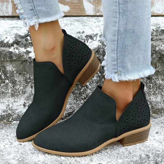 Olivia - Women's Ankle Boots for Autumn with Perforated Floral Cutout