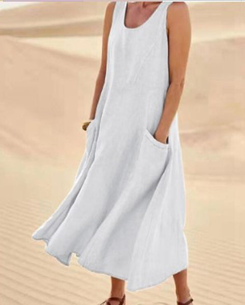 Olivia - Women's Sleeveless Linen Dress with Pockets and Casual Fit