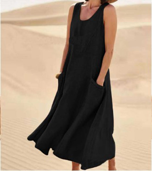 Olivia - Women's Sleeveless Linen Dress with Pockets and Casual Fit
