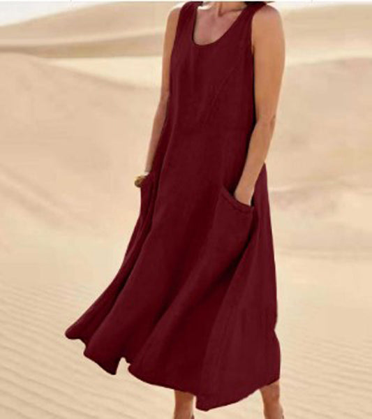 Olivia - Women's Sleeveless Linen Dress with Pockets and Casual Fit