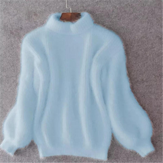 Olivia - Women's fluffy knitted jumper with turtleneck and balloon sleeve