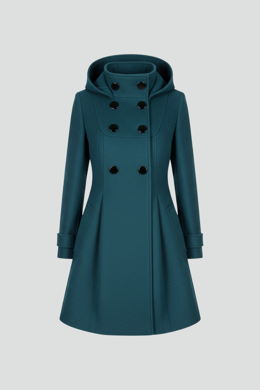 Olivia - Women's long hooded winter coat with double breasted button front