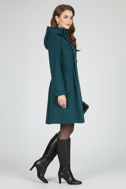 Olivia - Women's long hooded winter coat with double breasted button front