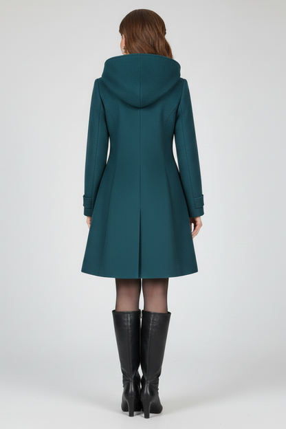 Olivia - Women's long hooded winter coat with double breasted button front