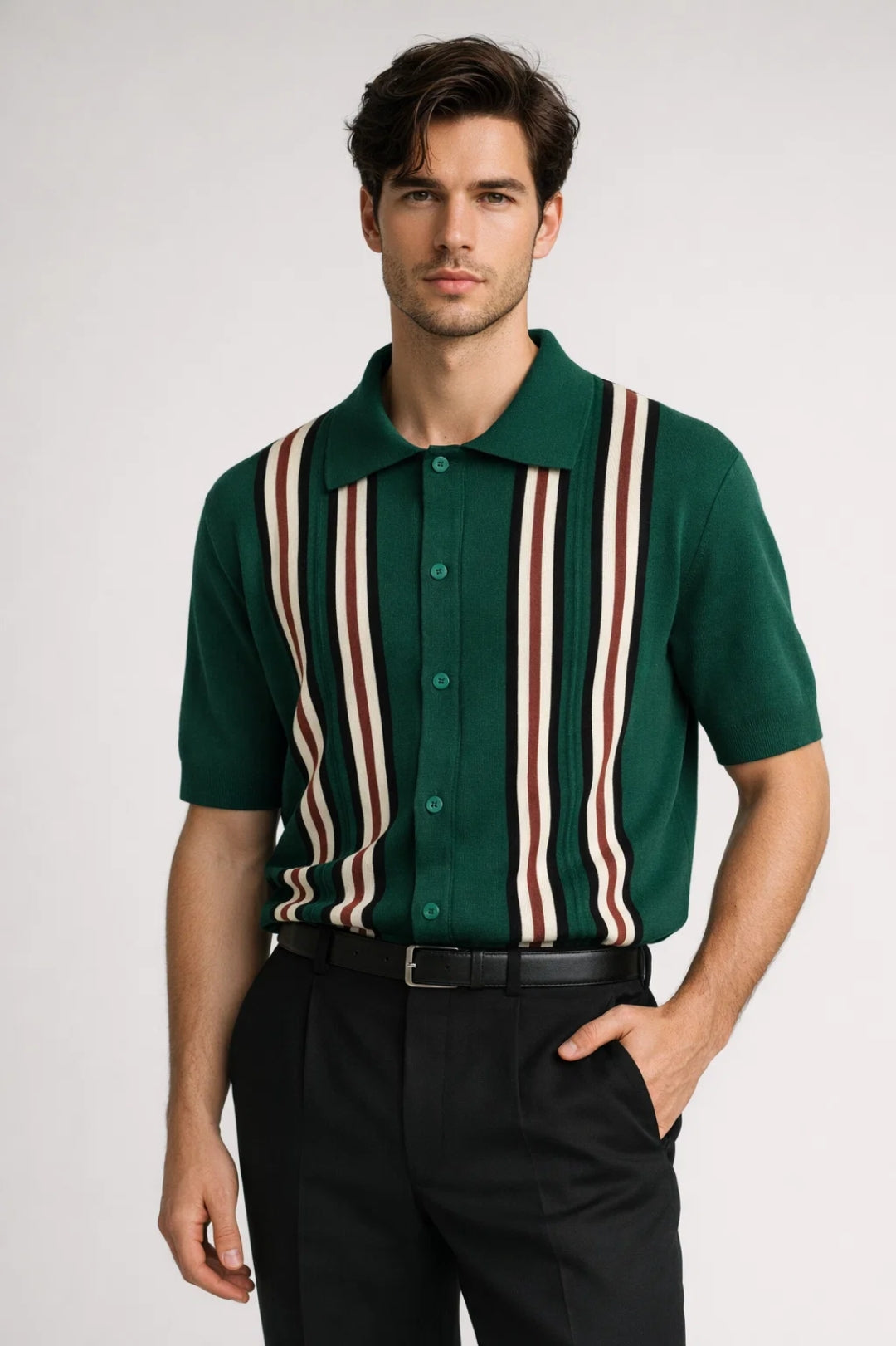 Men's Polo Shirt - Short Sleeve Button Through Stripe | Retro Style