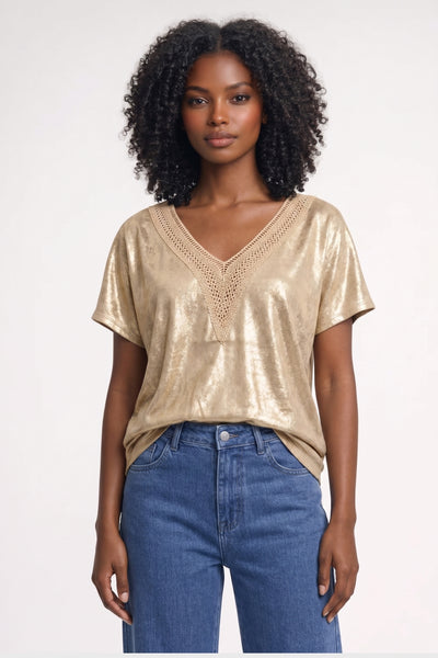 Women's T-Shirt - Metallic Shimmer V-Neck Lace Trim Short Sleeve | Elegant