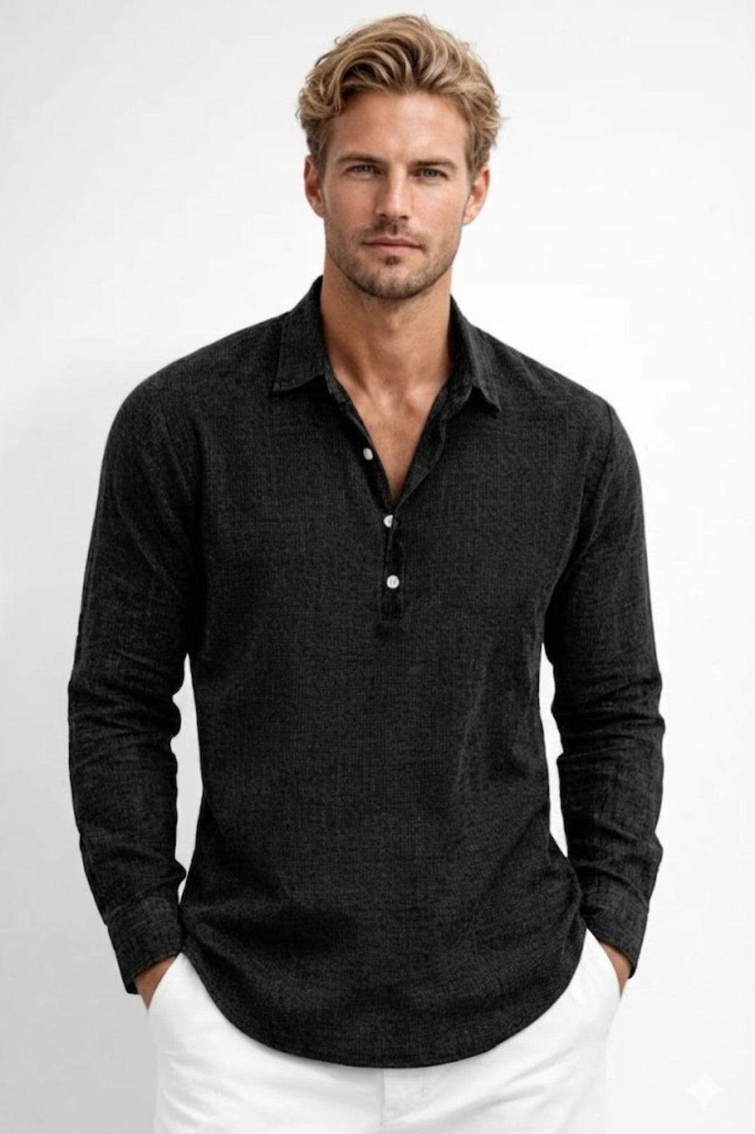 Men's Shirt - Popover Long Sleeve with Half Placket | Relaxed Casual