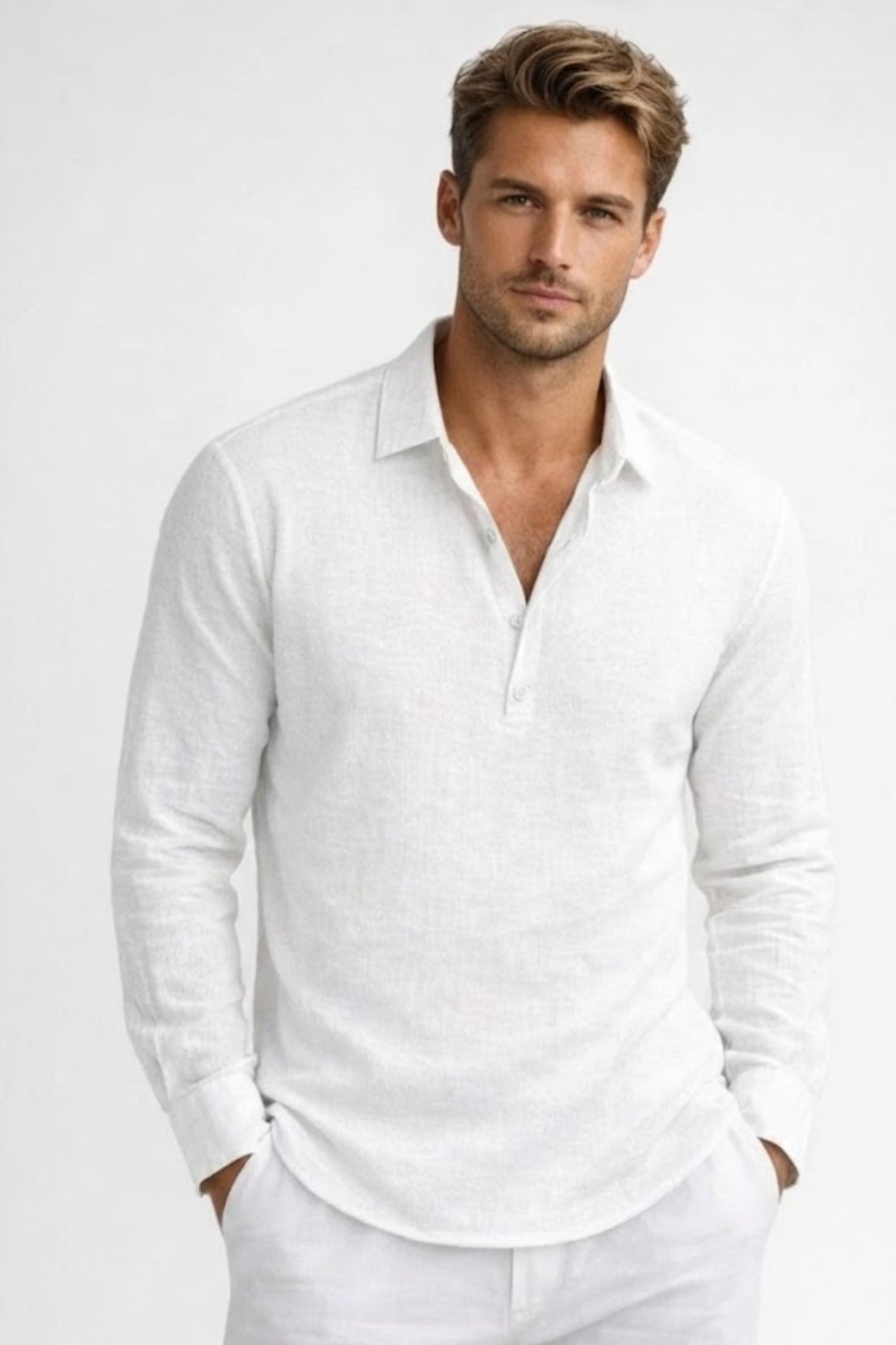 Men's Shirt - Popover Long Sleeve with Half Placket | Relaxed Casual