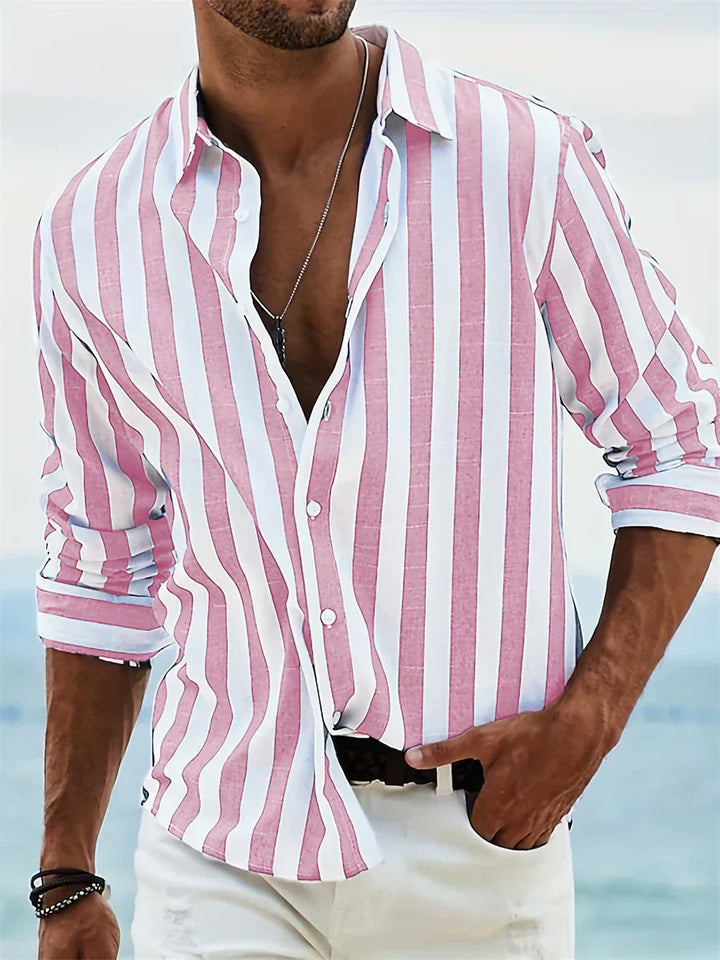 Oscar - Preppy Men's Linen Shirt with Striped Print and Roll-Up Sleeves