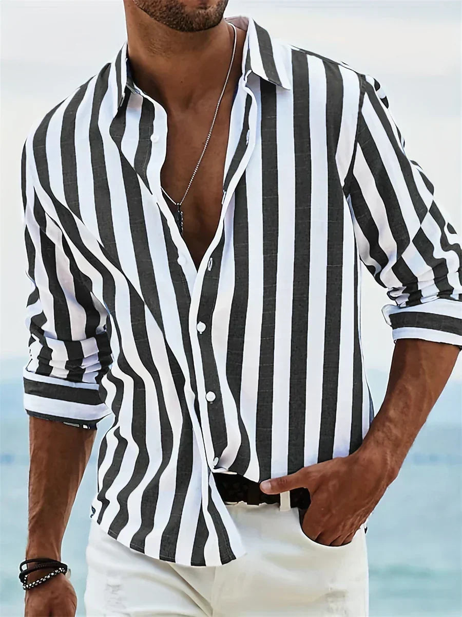 Oscar - Preppy Men's Linen Shirt with Striped Print and Roll-Up Sleeves