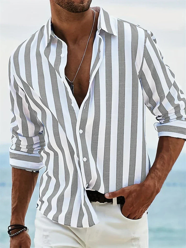 Oscar - Preppy Men's Linen Shirt with Striped Print and Roll-Up Sleeves