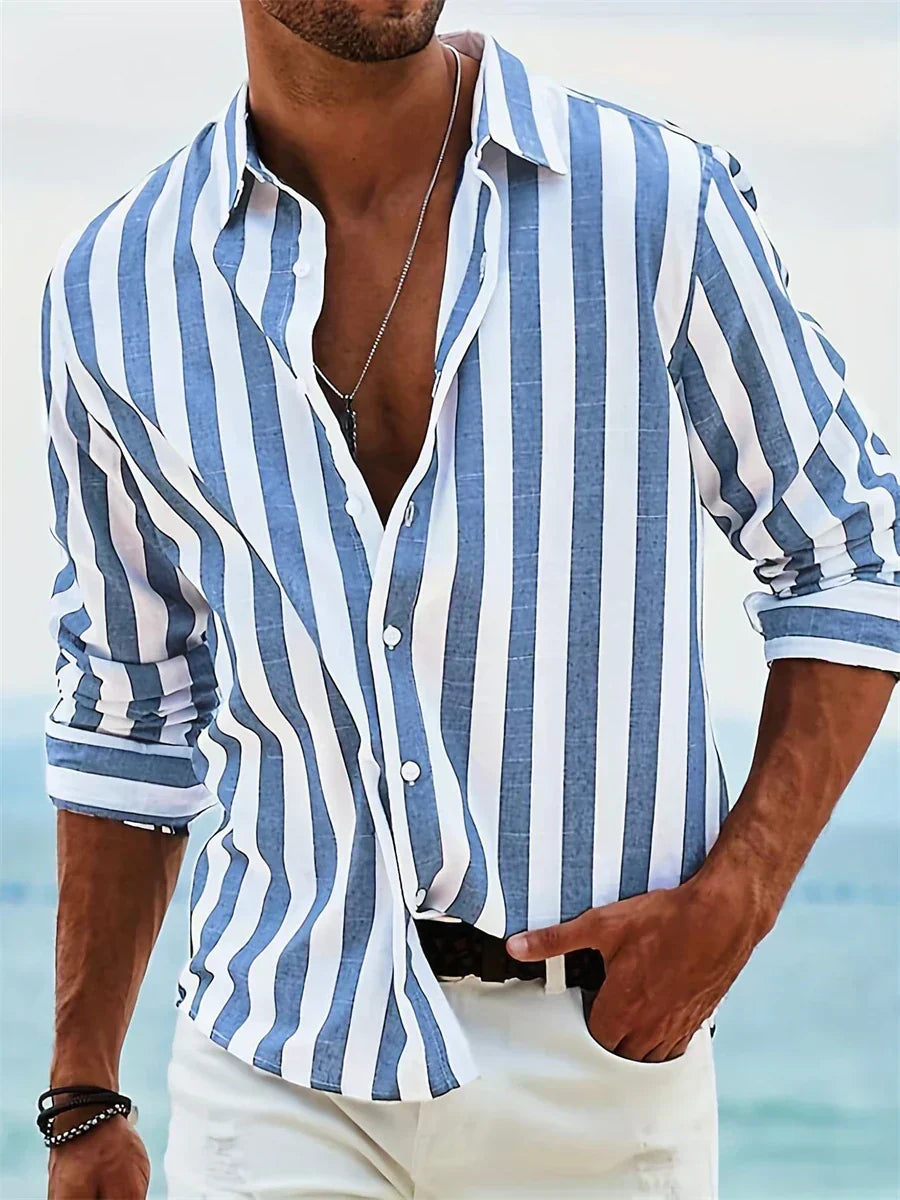 Oscar - Preppy Men's Linen Shirt with Striped Print and Roll-Up Sleeves
