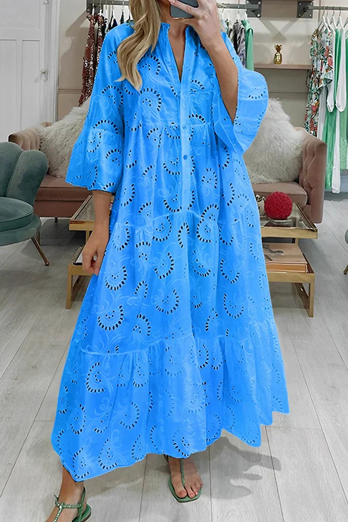 Penelope - Boho Women's Summer Maxi Dress with V Neck and Broderie Anglaise Detail