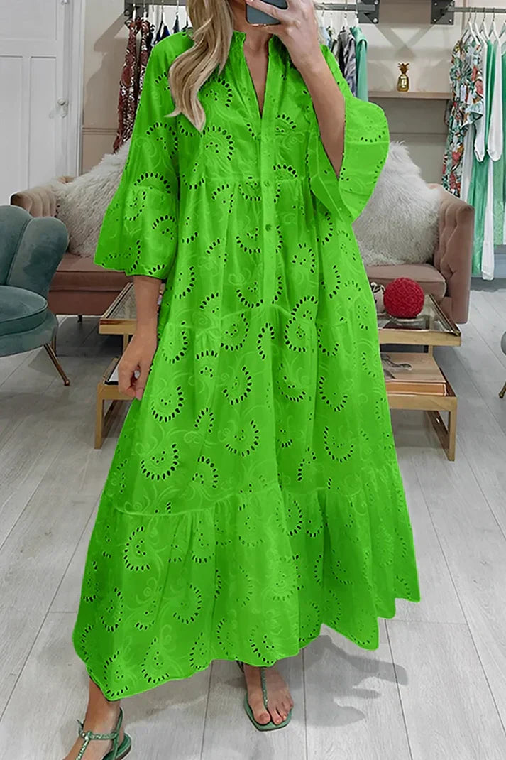Penelope - Boho Women's Summer Maxi Dress with V Neck and Broderie Anglaise Detail