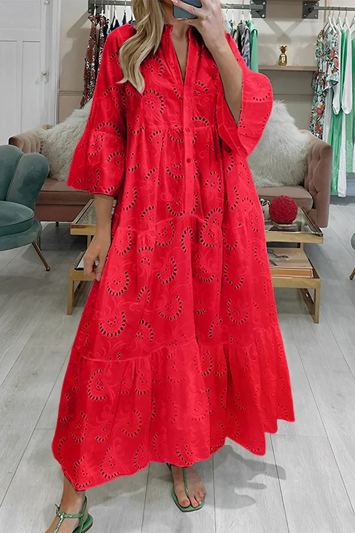 Penelope - Boho Women's Summer Maxi Dress with V Neck and Broderie Anglaise Detail