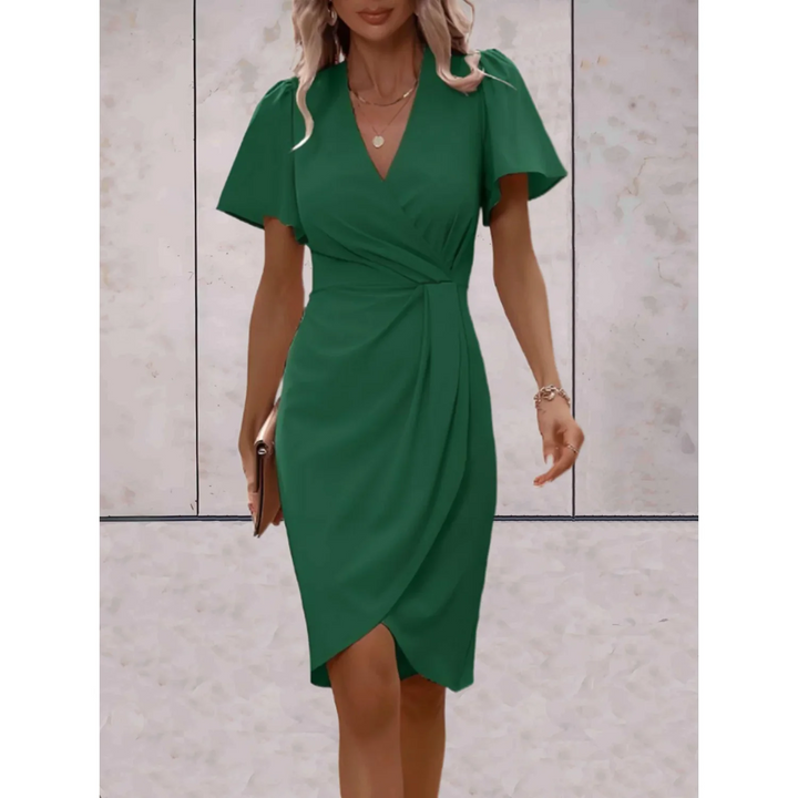Penelope - Chic Women's Wedding Guest Dress with Wrap V-Neck and Flutter Sleeves