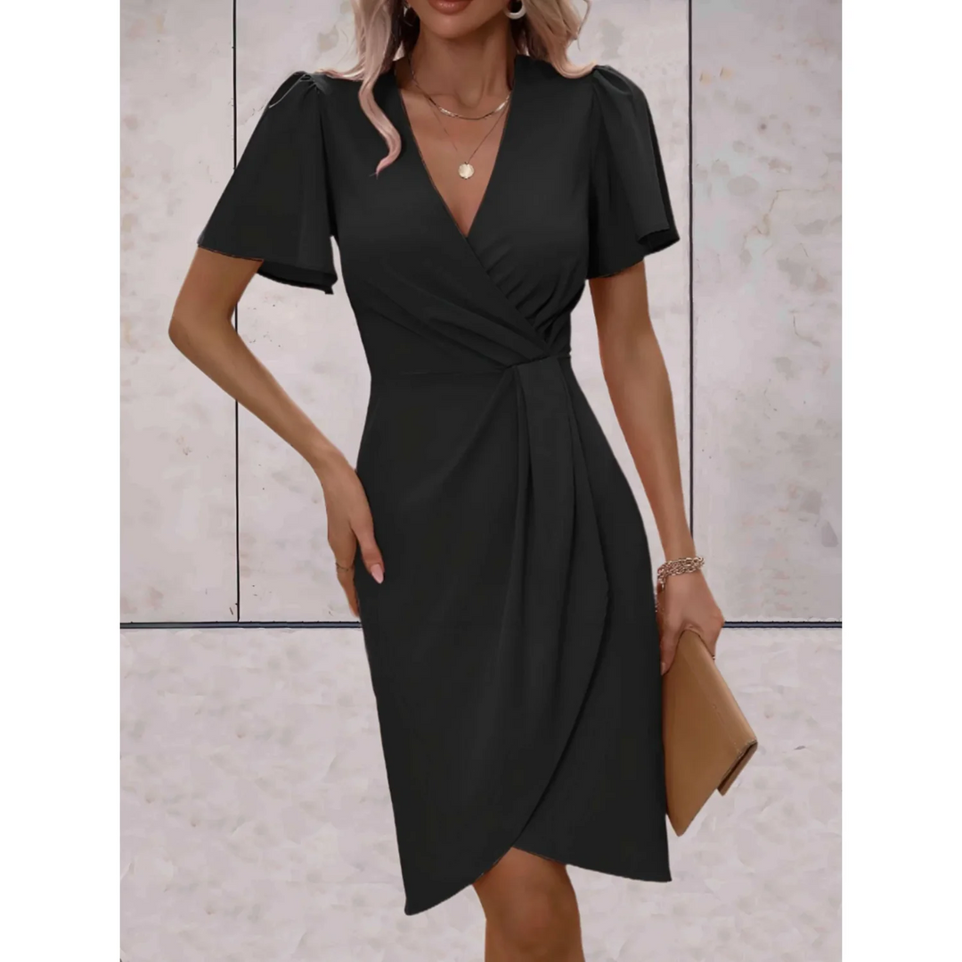 Penelope - Chic Women's Wedding Guest Dress with Wrap V-Neck and Flutter Sleeves