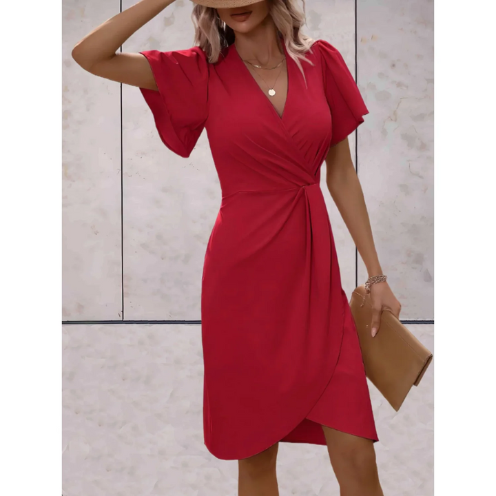 Penelope - Chic Women's Wedding Guest Dress with Wrap V-Neck and Flutter Sleeves