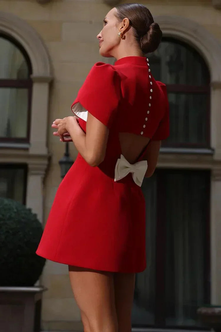 Penelope - Elegant Women's Wedding Guest Dress with High Neck and Flutter Sleeves