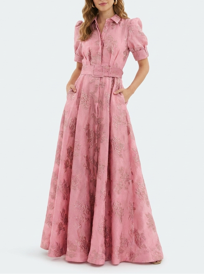 Penelope - Elegant Women's Wedding Guest Maxi Dress with Puff Sleeves and Belted Waist