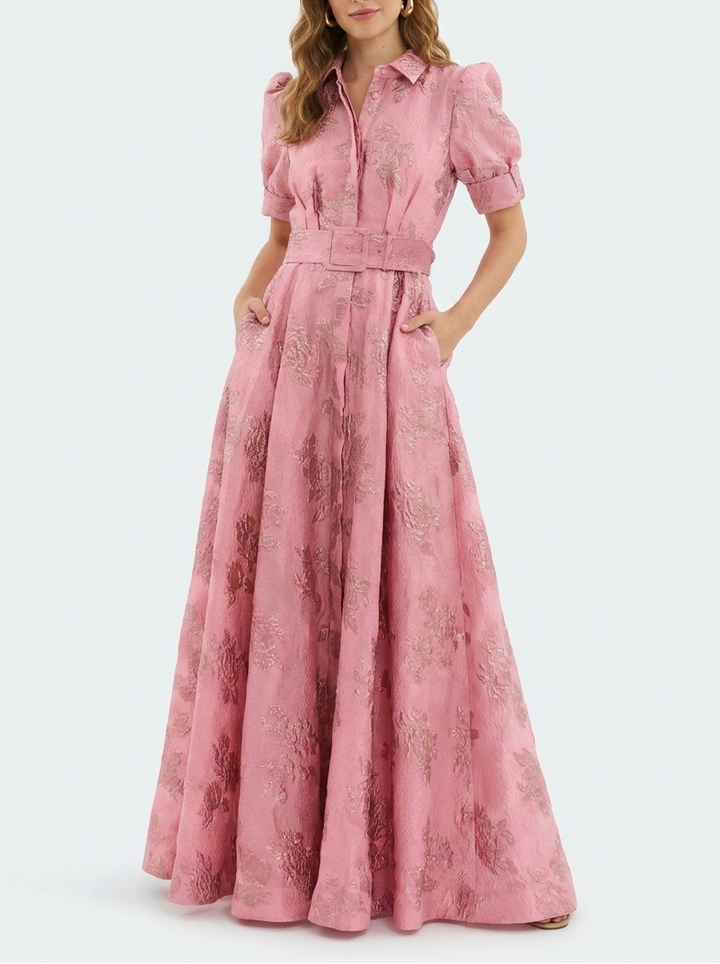 Penelope - Elegant Women's Wedding Guest Maxi Dress with Puff Sleeves and Belted Waist