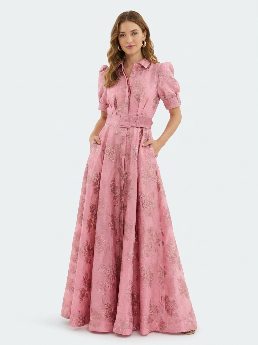 Penelope - Elegant Women's Wedding Guest Maxi Dress with Puff Sleeves and Belted Waist