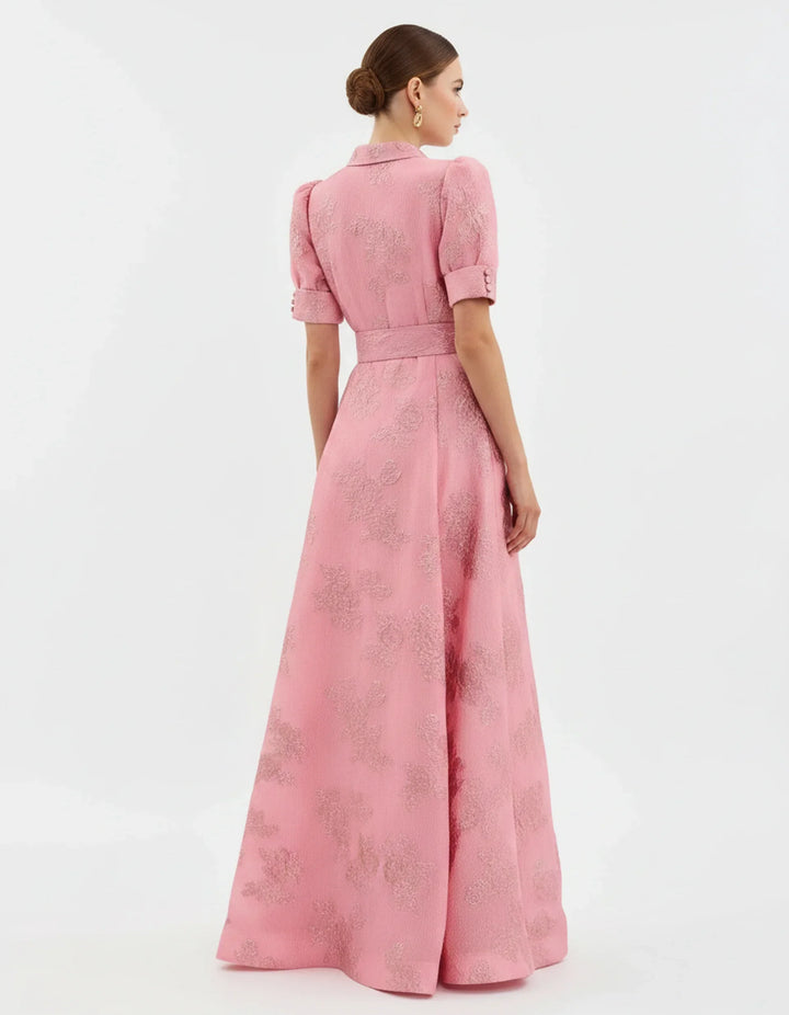 Penelope - Elegant Women's Wedding Guest Maxi Dress with Puff Sleeves and Belted Waist