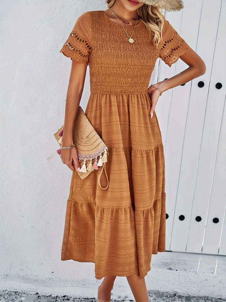 Penny - Boho Women's Wedding Guest Midi Dress with Round Neck, Smocked Bodice and Tiered Skirt