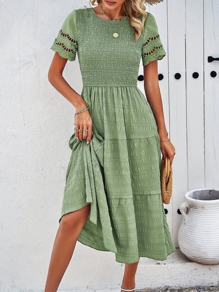 Penny - Boho Women's Wedding Guest Midi Dress with Round Neck, Smocked Bodice and Tiered Skirt