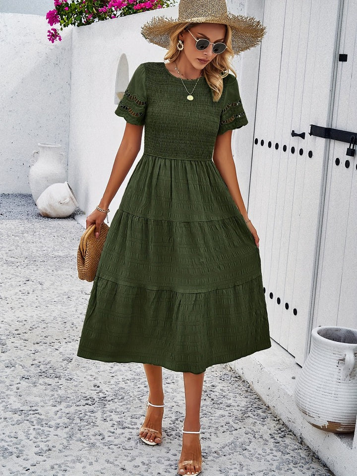 Penny - Boho Women's Wedding Guest Midi Dress with Round Neck, Smocked Bodice and Tiered Skirt